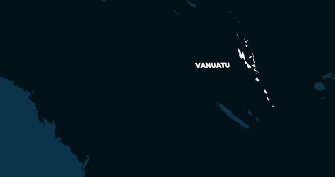World Map Zoom In To Vanuatu. Animation in 4K Video. White Vanuatu Territory On Dark Blue World Map