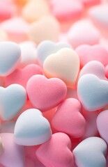 Fototapeta premium Many different colored hearts are scattered on a table. Generative AI.