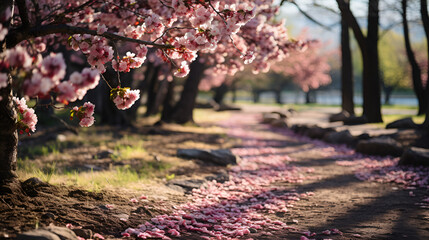 Serene Grove of Cherry Blossom Trees in a Blossoming Park the beauty of nature sacra cherry blossom street beautiful park with rows of cherry blossom. - obrazy, fototapety, plakaty