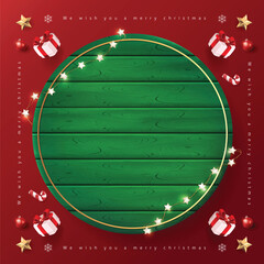 Merry Christmas sign banner green wood frame with empty space and festive decoration on red background