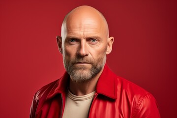 Portrait of a mature man in a red jacket. Isolated on a red background.