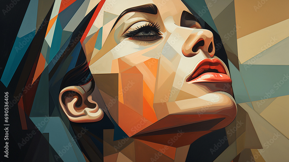 Poster profile portrait, intersecting planes representing different viewpoints, muted color scheme with acc