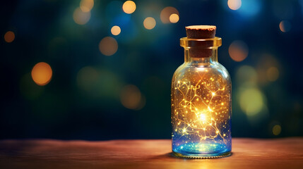 Magic in a jar. Golden glowing sparkling light in a glass bottle on a wooden table. Dark blurred background with colorful bokeh. Concept of witchcraft or delight.