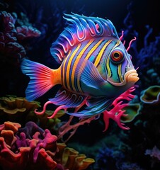 Fototapeta premium A vibrant clown fish gracefully dances through the coral in a tranquil reef, creating a mesmerizing underwater ballet. Generative AI.