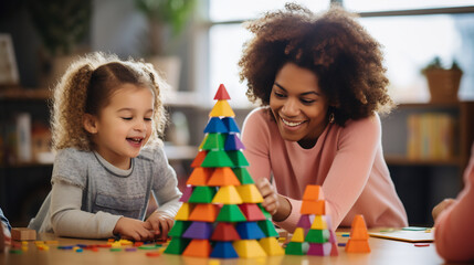 Happy African mother and children playing with building blocks, cute little girl playing with toy block and enjoying time together at home
