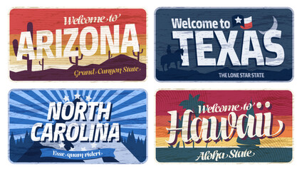 Usa region plate. States of America boards, vintage license plates for motels and bars, vintage car stickers for license plate. Vector illustration. Colorful vehicle signs for transportation