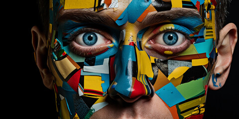 portrait, multiple eyes scattered across the face, cubist influence, abstract shapes - Powered by Adobe