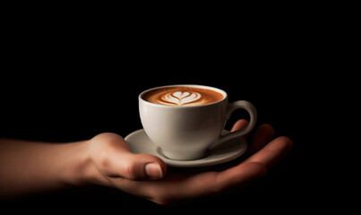 Cup of coffee in hand on black background, copy space