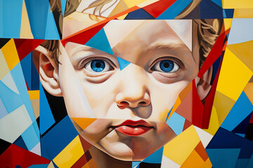 Abstract Cubist portrait of a child, playful shapes and bright, primary colors, faces and objects intertwined