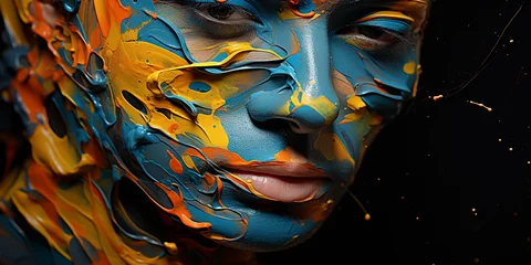 Tuinposter Abstract portrait, face blending into an expressionist painting, brush strokes over features © Marco Attano