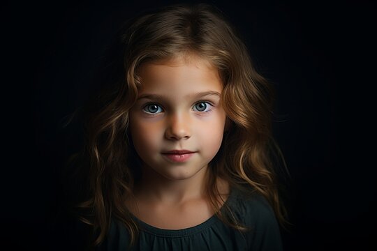 Portrait of a beautiful little girl with long hair on a dark background