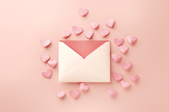 Paper hearts spilling out of an envelope on a pink background.