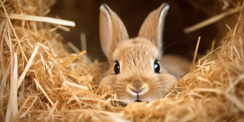 Süßes Kaninchen liegt im Stroh - obrazy, fototapety, plakaty