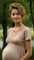 Fototapeta premium Pregnant woman, 22, in summer park, cute maternity dress, standing profile.Generative AI