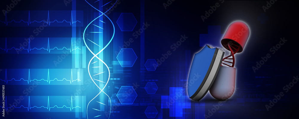 Aufkleber 3d render of dna structure with capsule near shield