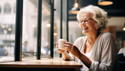 Joyful 50-year-old woman in cafe, bright, relaxed ambiance.Generative AI