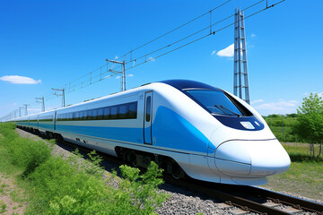 A modern high-speed train runs on the high-speed rail outside the city in summer.