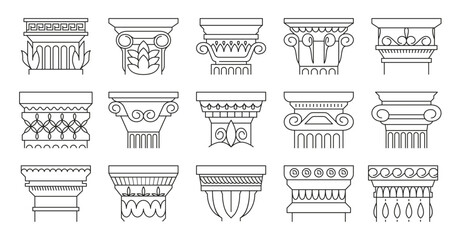Ancient architectural details. Ancient relief sculpture and classical architecture style, antique mediterranean building facade decoration. Vector isolated set. Creative and elegant construction