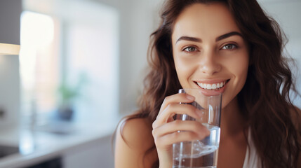 Healthy beautiful young woman holds a glass of water in kitchen, smiling young girl drinking fresh water from glass - obrazy, fototapety, plakaty