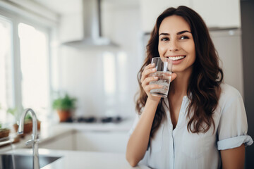 Healthy beautiful young woman holds a glass of water in kitchen, smiling young girl drinking fresh water from glass © AspctStyle