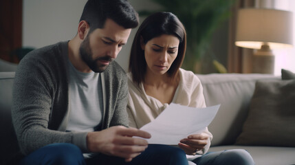 Worried mid adult couple reading documents consider mortgage loan insurance contract terms at home