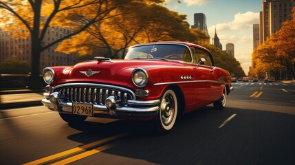 Beautiful retro red car driving along the highway in a big city, car sales concept - obrazy, fototapety, plakaty
