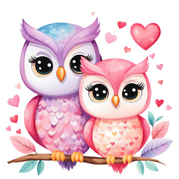 couple pastel owl watercolor