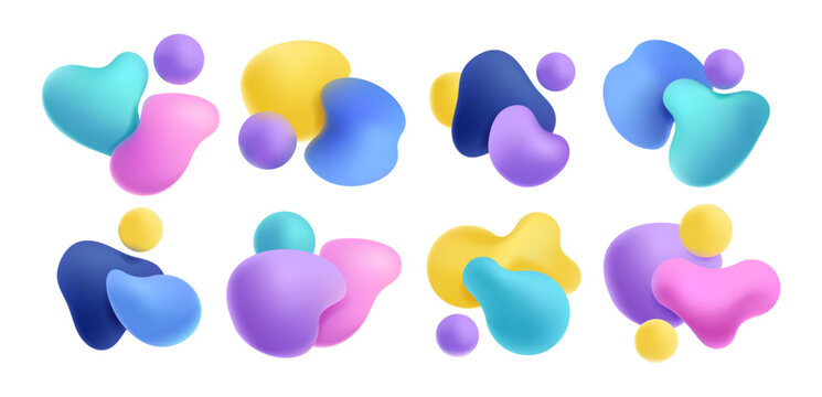 Colorful organic render shapes. Abstract organic elements with various reflections and effects. Minimal fantasy creative elements. Vector isolated collection. Vivid abstract splashes and spheres set