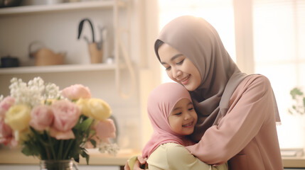 Portrait of happy muslim woman in hijab and her daughter hugging and smiling, mom and daughter love each other
