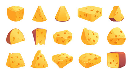 Cheese pieces. Cartoon cheddar blocks, organic parmesan cubes and triangles, dairy eco farm product cutoff pieces. Vector isolated set. Organic food, tasty milk snack, healthy ingredient