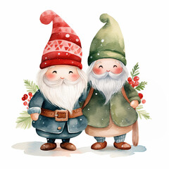 Cute couple of gnomes in winter clothes. Watercolor illustration.