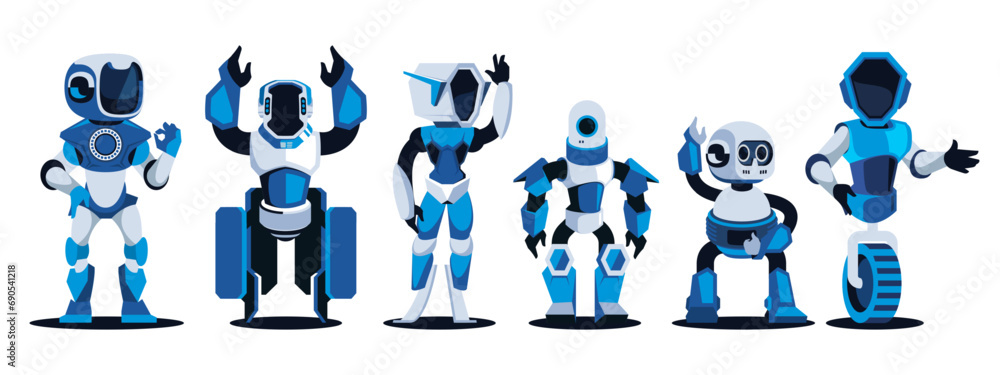 Poster cartoon robots. mechanical metal machines, bionic cyborgs and ai chatbot, virtual machine and ai con