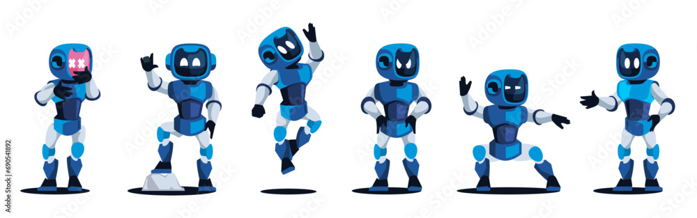 Poster cartoon cute bot. mechanical robot with expression, service mascot with different emotions, cute and