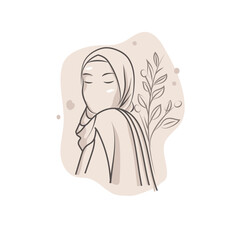 Portrait of a beauty girl model wearing hijab. Vector illustration in a modern minimalist style. Elegant outline drawing, fashion sketch.