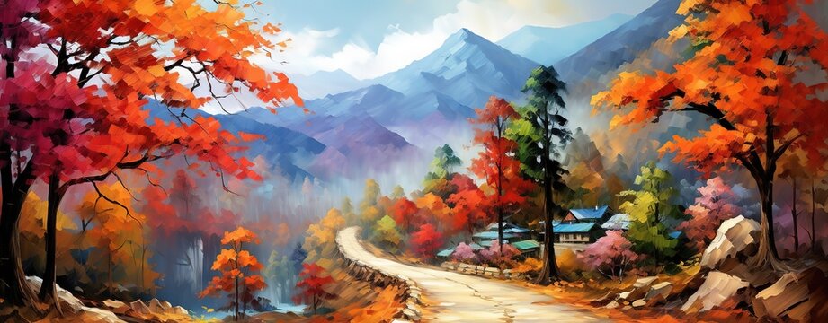 painting style illustration of beautiful valley village in autumn with trees and hill as background, Generative Ai