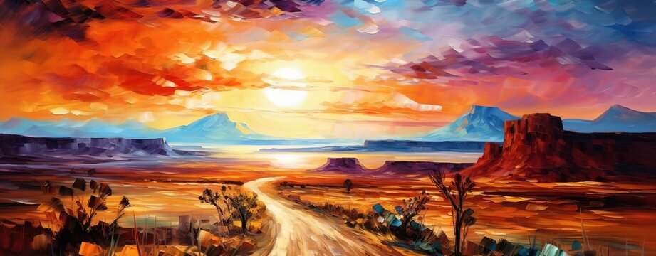 painting style illustration of road passing on desert waste land, hot scorching sun on sky, Generative Ai