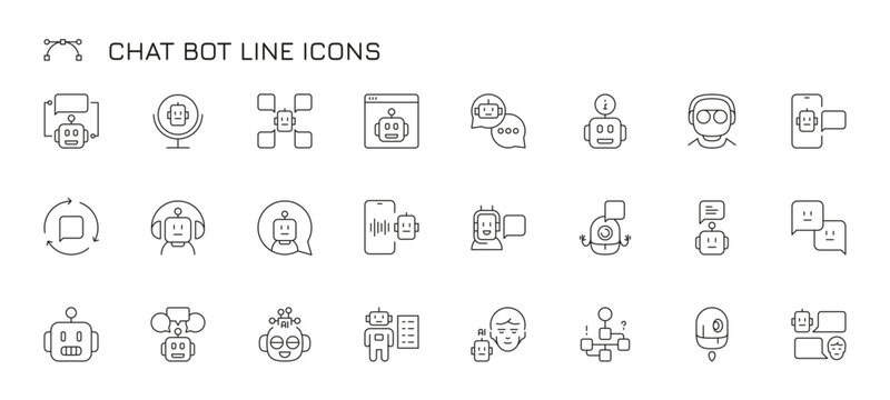 Chat bot line icon. Simple robotic speech stroke icons, smart phone chat bot technology, artificial intelligence flat style. Vector isolated set. Operator in headphones, smart webcam
