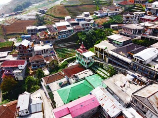 The beauty of the landscape Leek and vegetable plantations and architecture of the arrangement of terraced houses in the tourist area of ​​Nepal van Java, Butuh Hamlet, Magelang, indonesia 