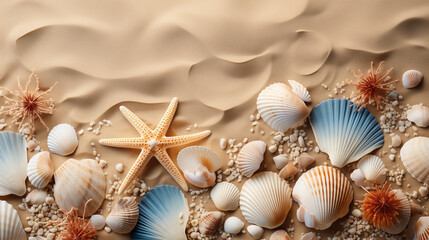 Fototapeta na wymiar Seabed with different seashells and sea stars, top view