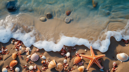 Naklejka na ściany i meble Seabed with different seashells and sea stars, top view