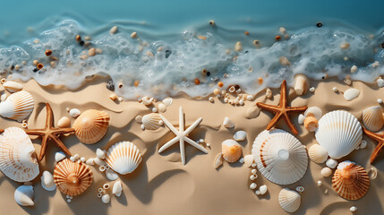 Plakat Seabed with different seashells and sea stars, top view