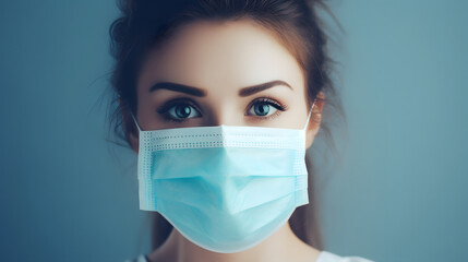 Intense Gaze of Woman Wearing Blue Surgical Mask