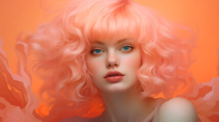Surreal Portrait of Woman with Pastel Peach Curly Hair and Vivid Background