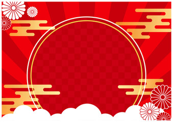 雲海の華やかな円形枠の和柄年賀状背景素材赤赤