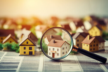 Searching new house for purchase. Rental housing market. Magnifying glass near residential building. - obrazy, fototapety, plakaty