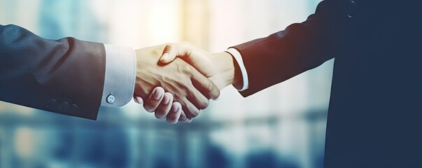 Successful business partnership. Close up shot of handshake between businessman and businesswoman in office setting. Image represents cooperation teamwork and professional success