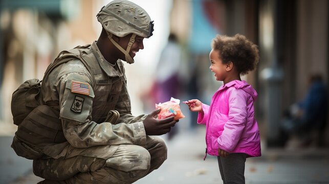 A soldier's heartwarming gesture unfolds as he presents a candy to a joyful little girl, spreading kindness and joy.