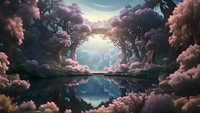 Fantasy background, abstract landscape with foggy forest and copy-space. Neon lights, pink and blue colors. AI generative.