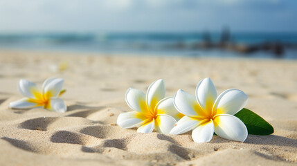 Plumeria flowers on the beach on the sand. selective focus. Generative AI, - obrazy, fototapety, plakaty