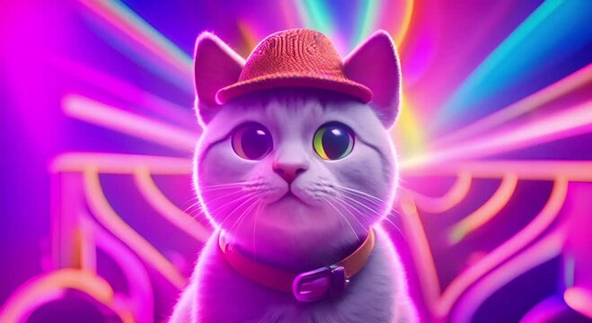 Animated object of a cat wearing a hat and not moving on a colorful neon background
